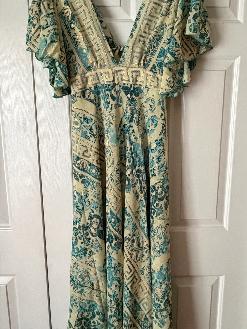 Cream and Teal “India Boutique” Greek key and Floral Boho Dress
